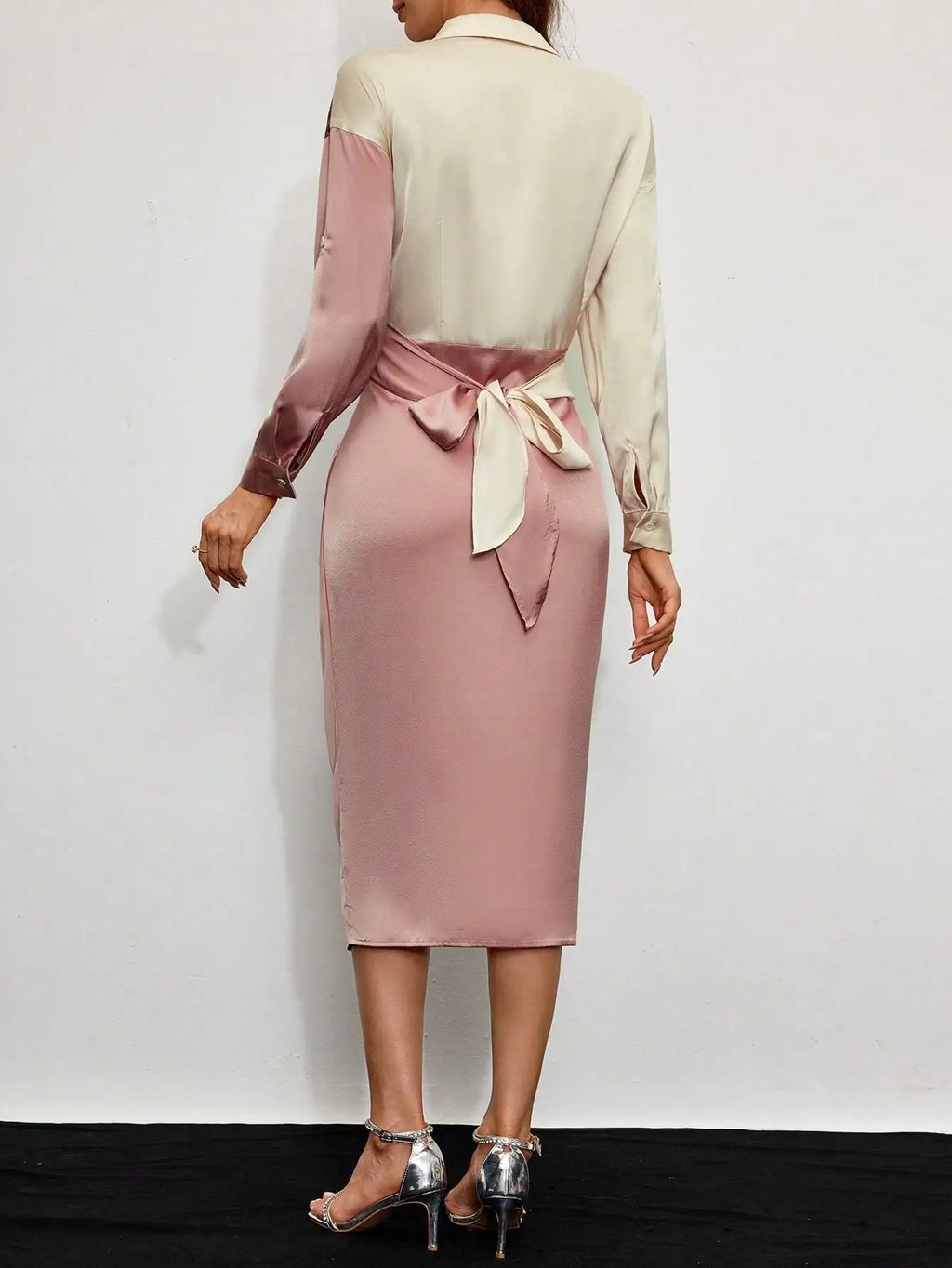 Women's Satin Color Block Shirt Dress with Tie Waist and High Slit