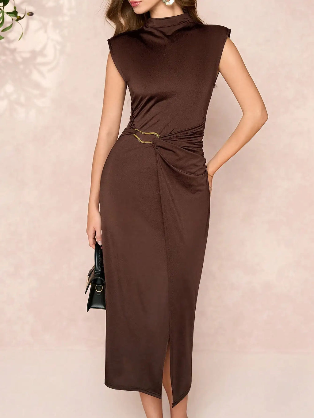 Women's Brown High Neck Sleeveless Bodycon Dress with Metal Detail & Side Slit