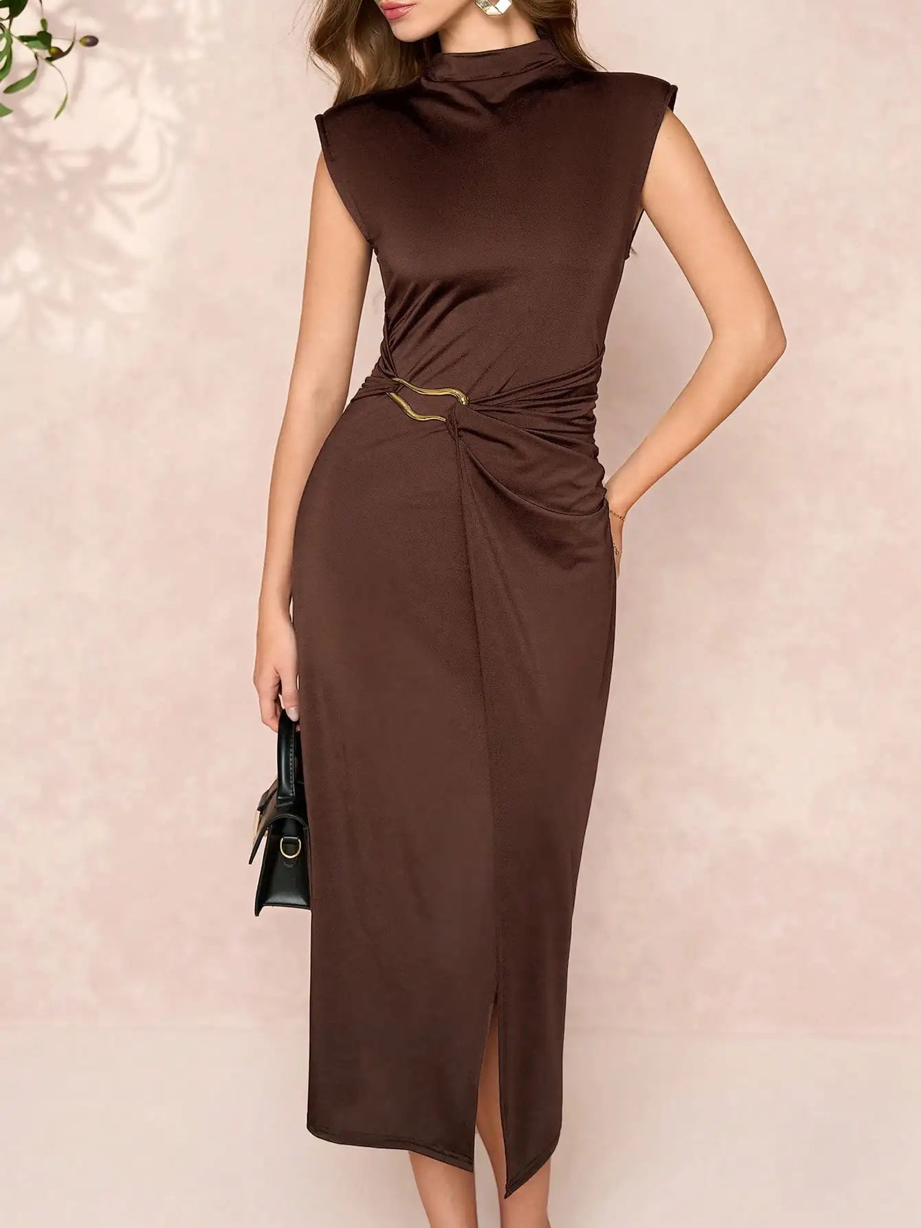 Women's Brown High Neck Sleeveless Bodycon Dress with Metal Detail & Side Slit