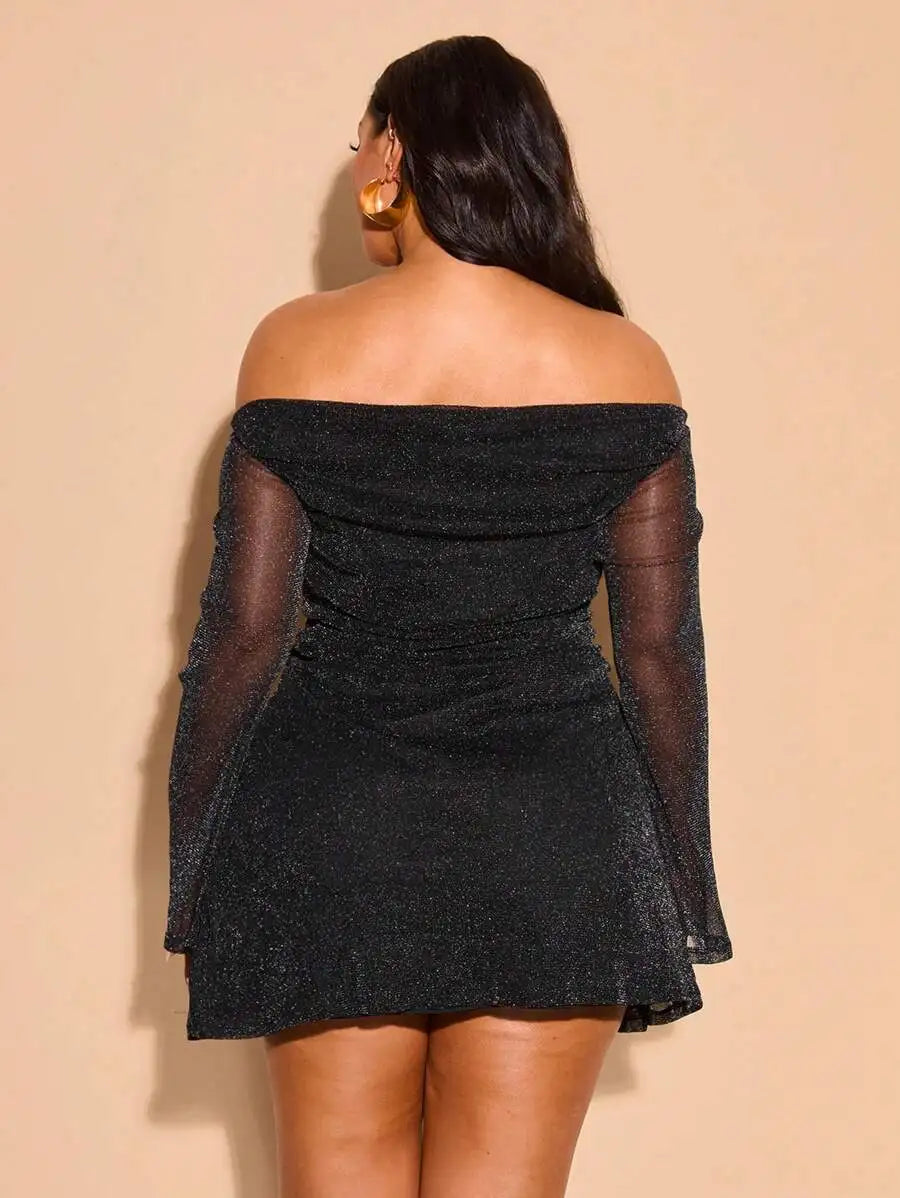 Tall Curve Plus Size Glitter Off-Shoulder Ruched A-Line Bell Sleeve Mini Dress