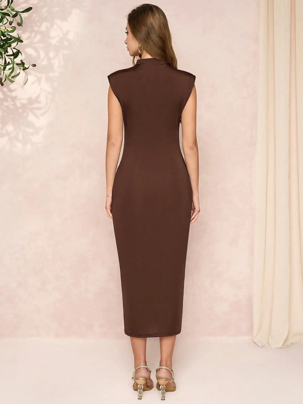Women's Brown High Neck Sleeveless Bodycon Dress with Metal Detail & Side Slit
