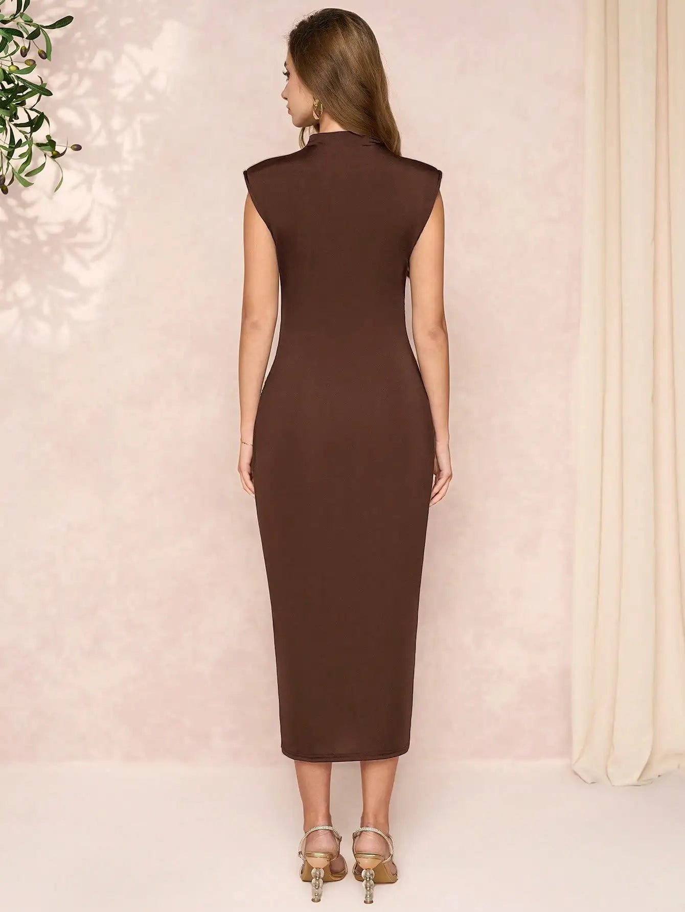 Women's Brown High Neck Sleeveless Bodycon Dress with Metal Detail & Side Slit