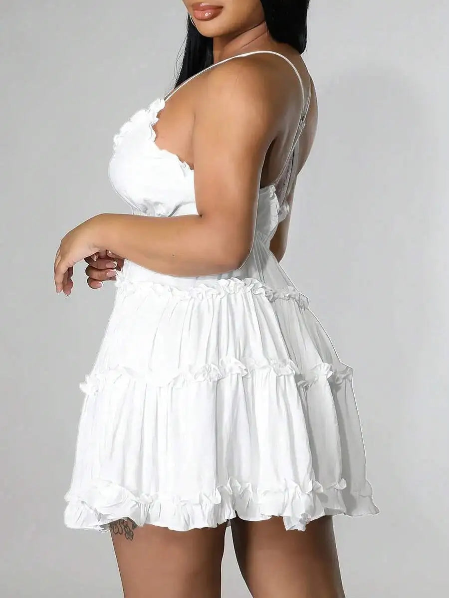 White V-Neck Tiered Ruffle Mini Dress with Thin Straps for Summer