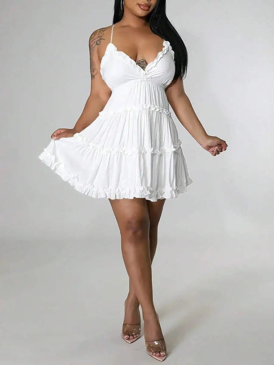 White V-Neck Tiered Ruffle Mini Dress with Thin Straps for Summer
