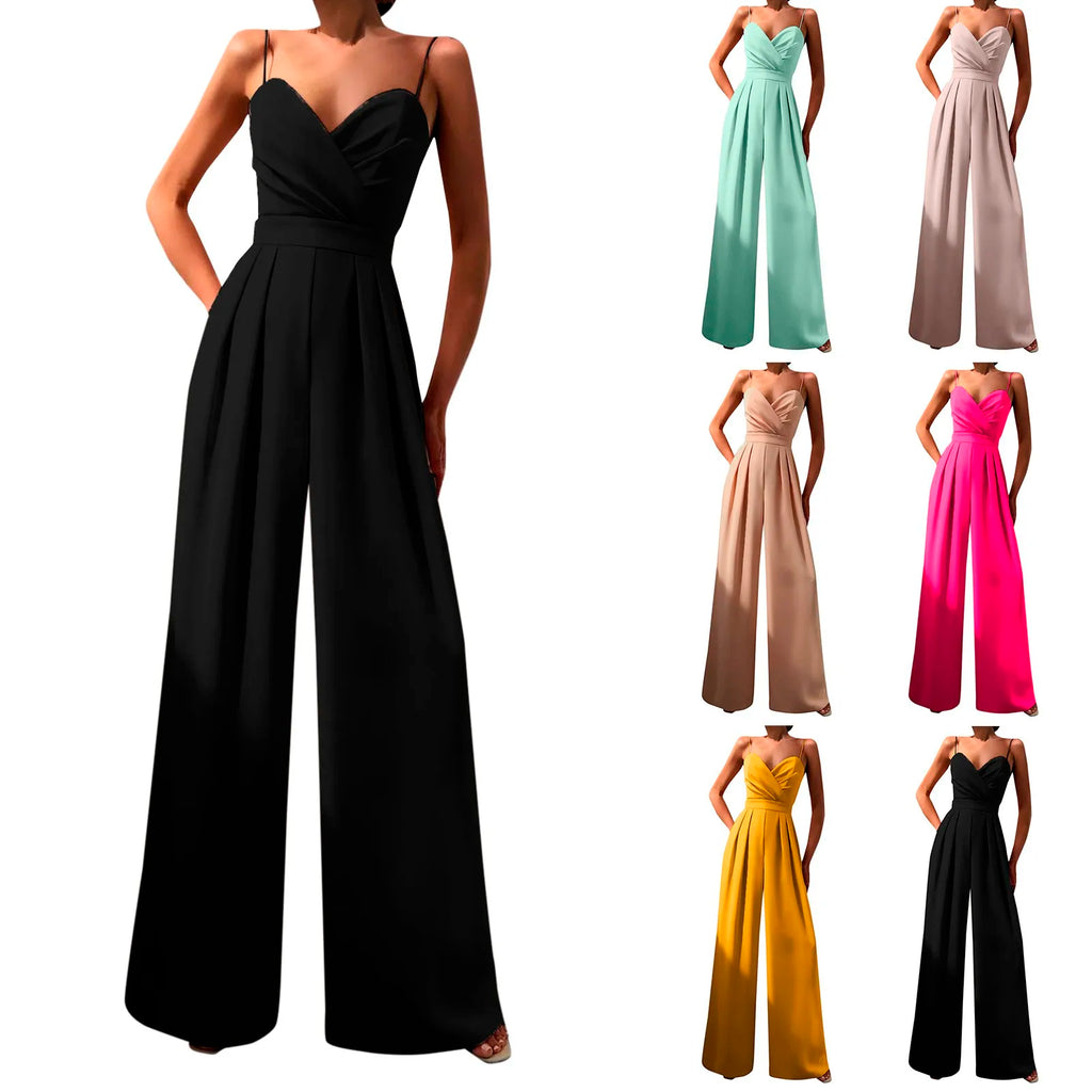 Women Elegant Sexy Sleeveless Jumpsuits One-Piece High Waist Spaghetti Strap V-Neck Backless Playsuit Party Wear Wide Leg Pant